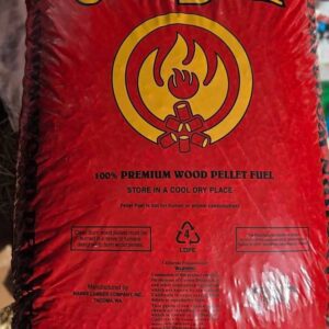 Bright red package of 100% premium wood pellets with recycling symbol.