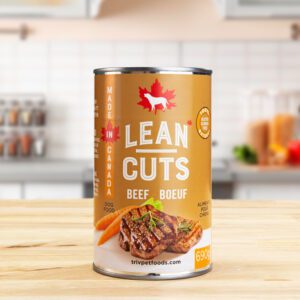 A can of Lean Cuts Beef Stew with vegetables on a kitchen counter.