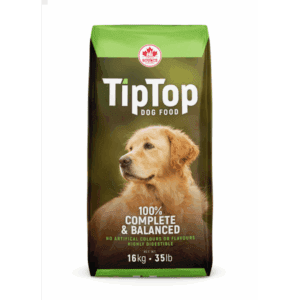 Bag of Tip Top dog food with a puppy image on the front.
