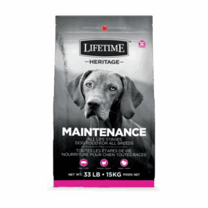 Lifetime Heritage dog food bag with maintenance formula and a dog image.